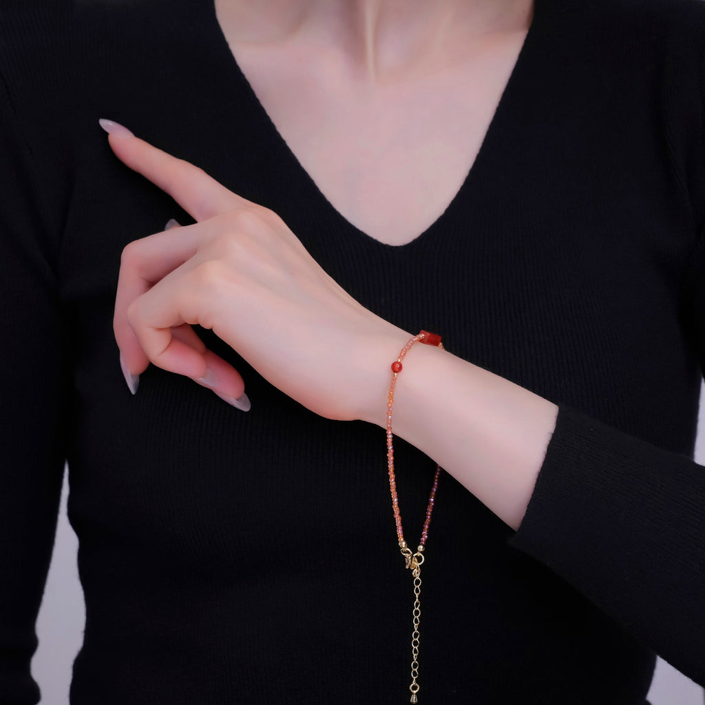 24K Gold plated 2mm Red Carnelian Multifaceted Gemstone 9 Inch Anklet | WA-2951