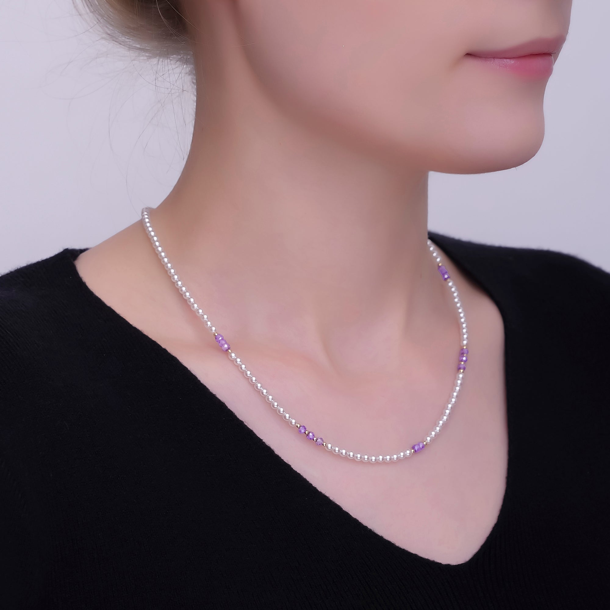 24K Gold plated Purple Shell Pearl Gemstone Bead 17 Inch Necklace | WA-2957