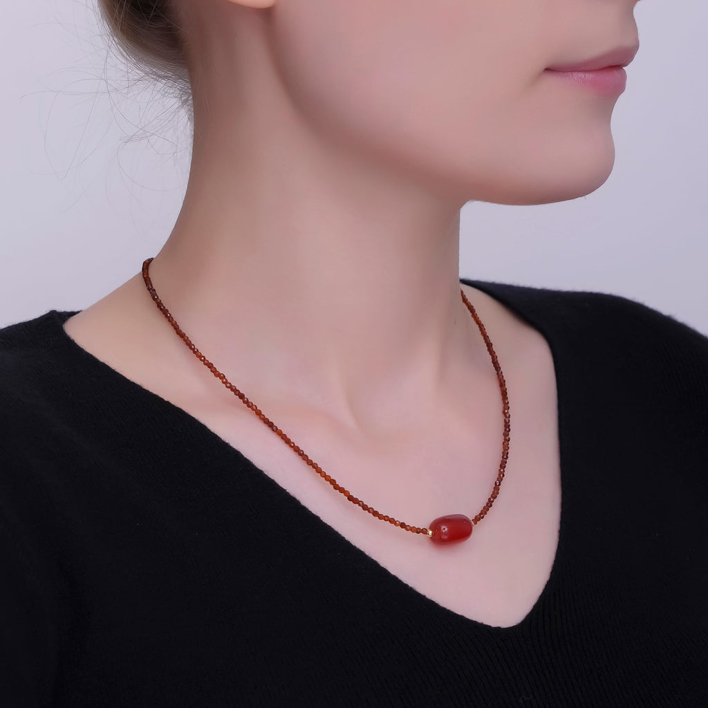 24K Gold plated Red Carnelian Gemstone Bead 17 Inch Necklace | WA-2962