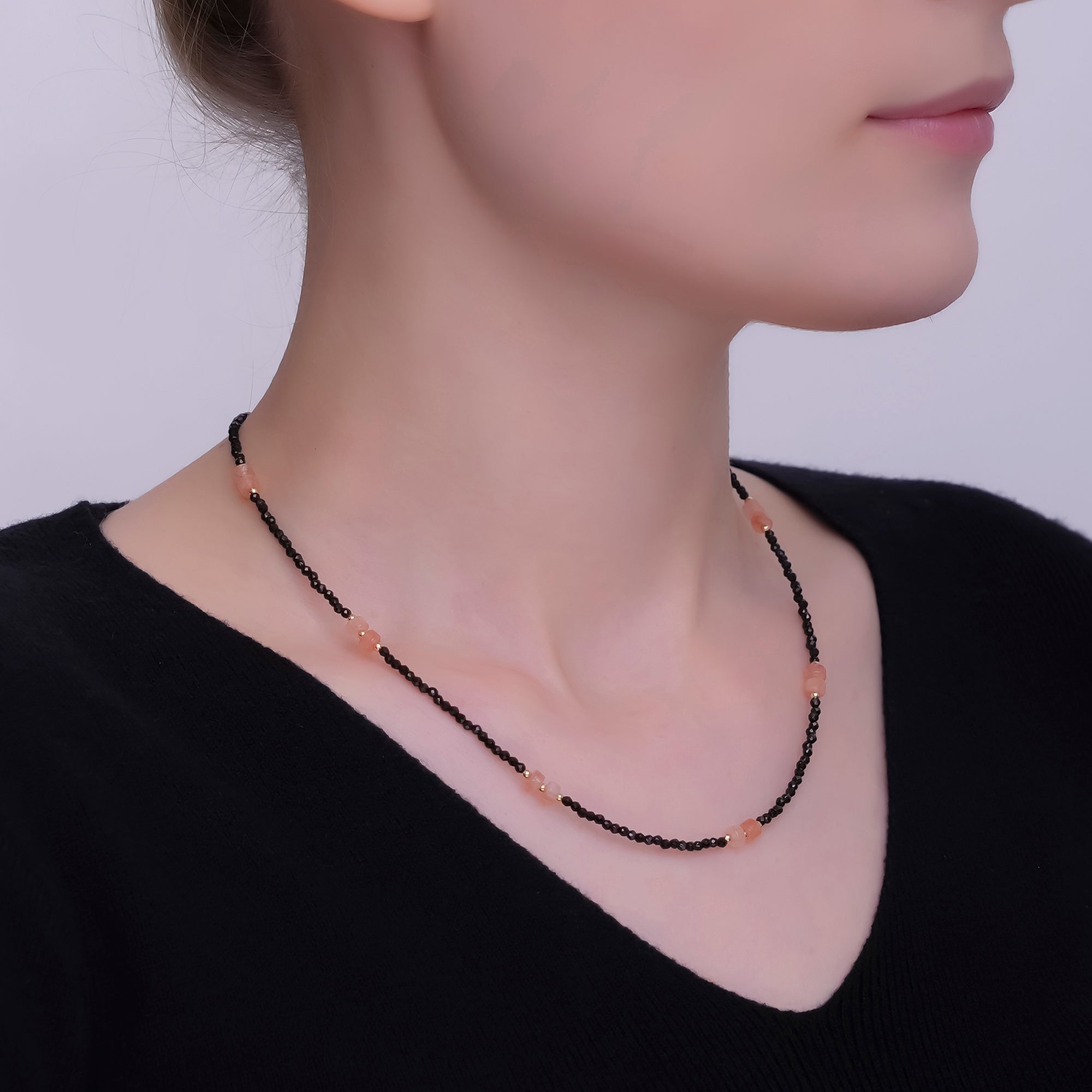 24K Gold plated Pink Black Gemstone Bead 17 Inch Necklace | WA-2961