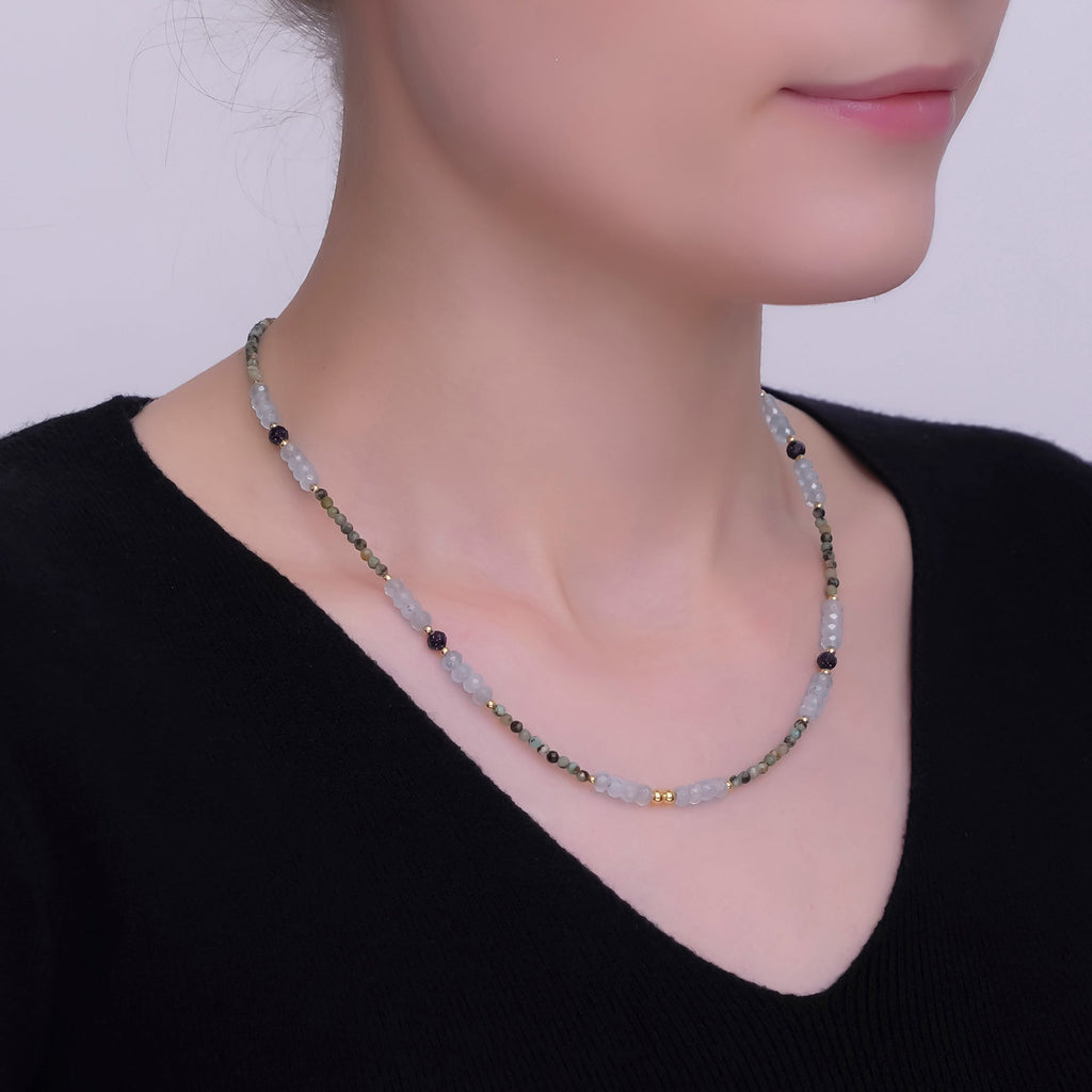 24K Gold plated Green Blue Multifaceted Gemstone Bead 17 Inch Necklace | WA-2965