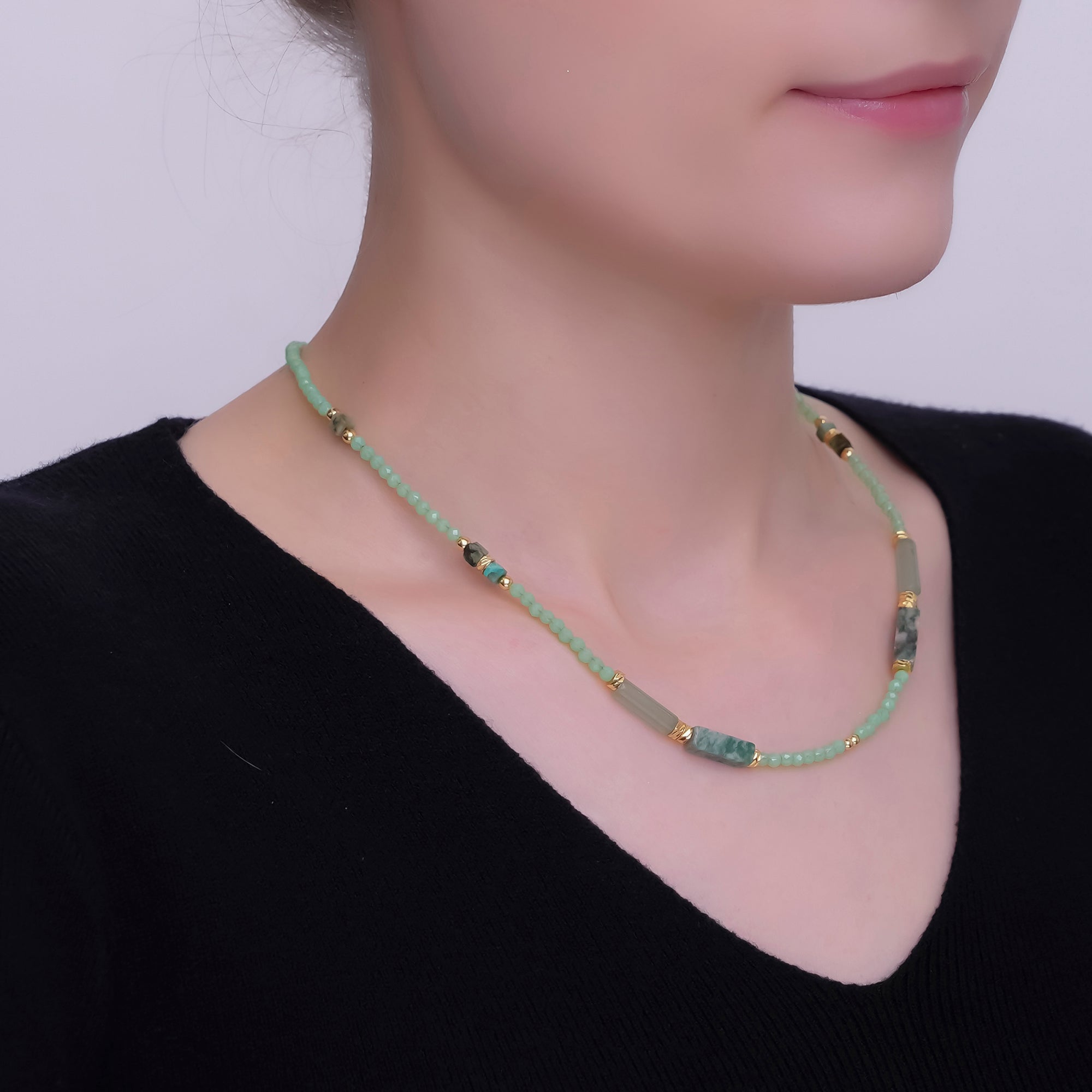 24K Gold plated Green Malachite Gemstone Bead 17 Inch Necklace | WA-2966