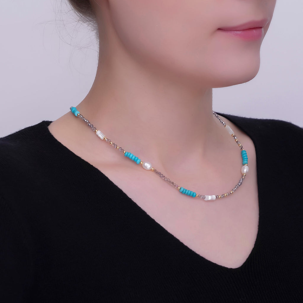 24K Gold plated Blue Turquoise Shell Pearl Gemstone Bead 17 Inch Necklace | WA-2963