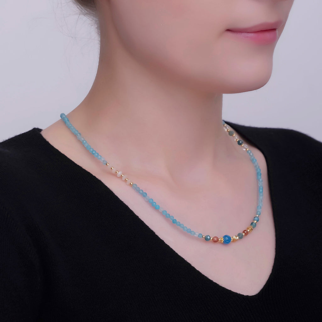 24K Gold plated Blue Multicolor Gemstone Gemstone Bead 18 Inch Necklace | WA-2873
