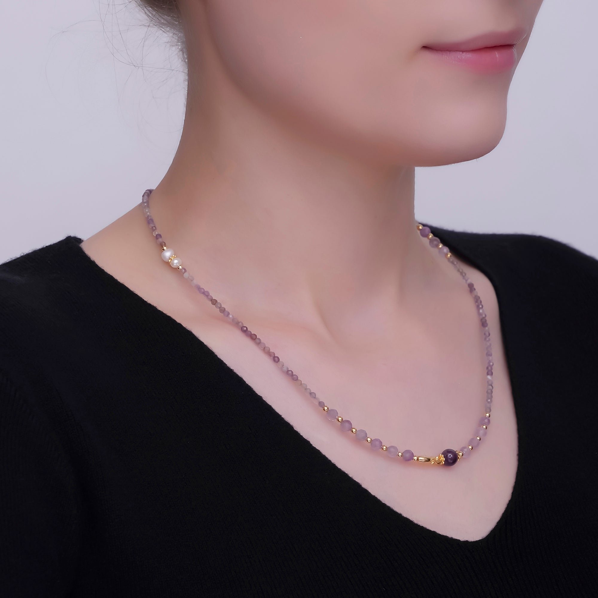 24K Gold plated Purple Amethyst Gemstone Bead 18 Inch Necklace | WA-2872