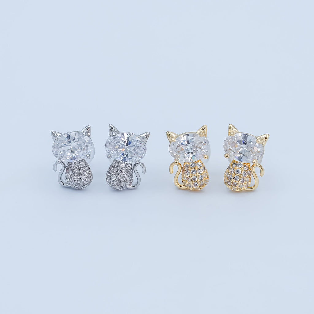 24K Gold Plated Micro Paved CZ Kitten Cat Stud Earrings Set in Gold & Silver | AB222 AB223