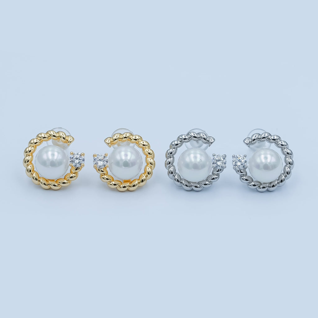 White Shell Pearl CZ Croissant C-Shaped Stud Earrings in Gold & Silver | AD1359 AD1360