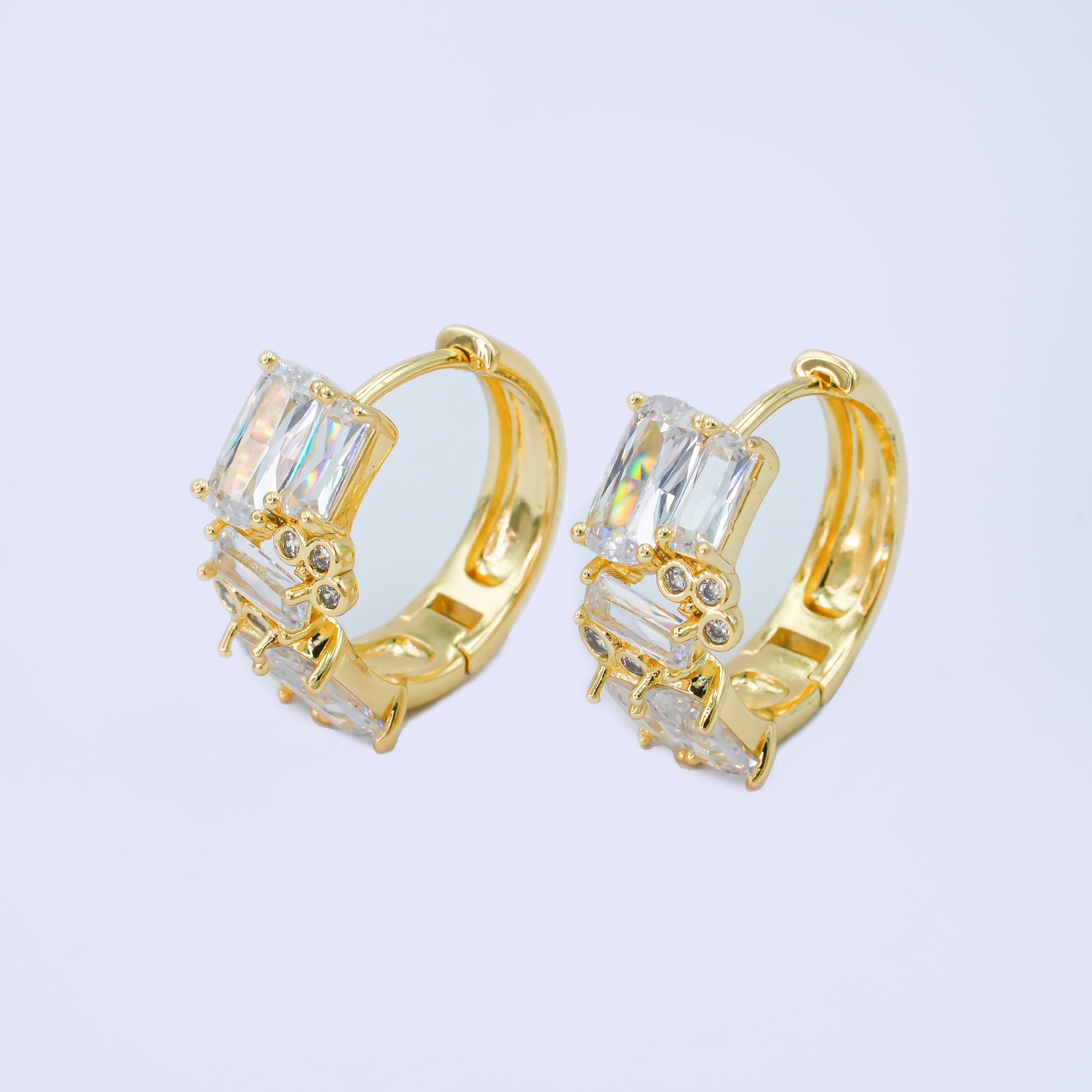 24K Gold plated 20mm Clear CZ Round Baguette Hoop Earrings | AB988