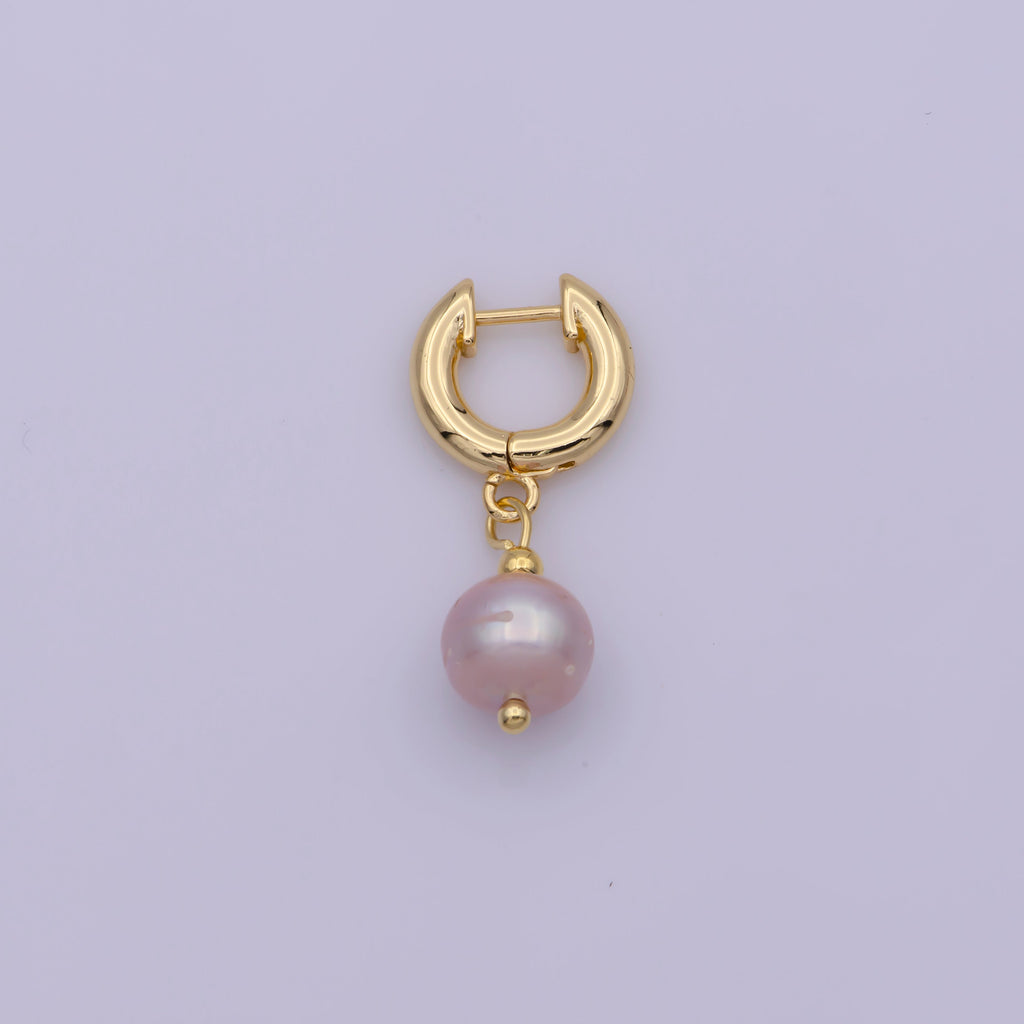 Gold Huggie Pink Pearl Earrings Freshwater, Dangle Champagne Pearl Earrings Round Blush Pink Wedding Jewelry Bridesmaids - DLUXCA