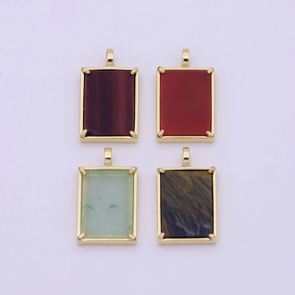 14K Gold plated 25mm Amethyst, Aquamarine, Onyx, Rose Quartz, Lapis Lazuli, Tiger Eye Gemstone Rectangle Bezel Pendant | I785 - I790