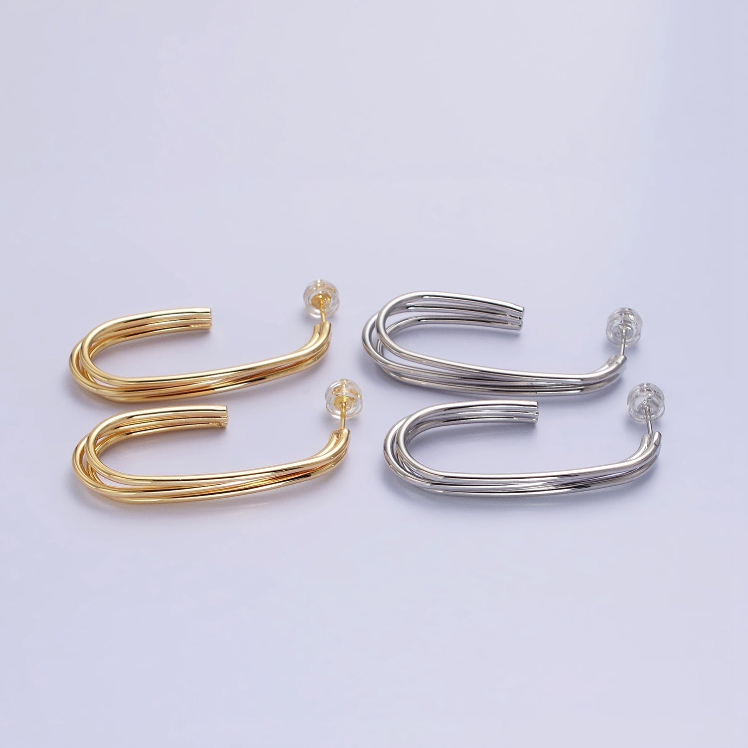 Gold, Silver 40mm Triple Band J-Shaped Geometric Hoop Earrings | AB627 AB628