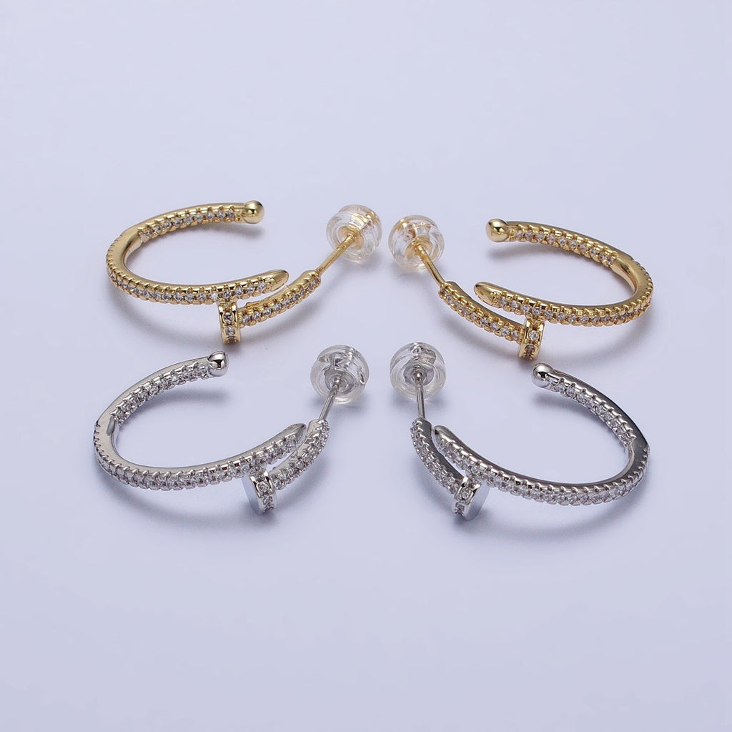 24K Gold plated 23mm Needle Micro Paved CZ Hoop Earrings in Gold & Silver | AB534 AB535