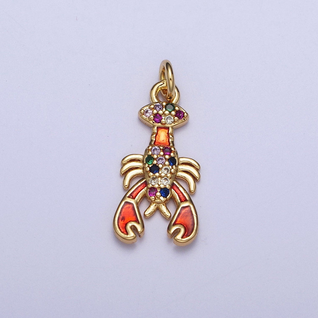 Multicolor Micro Pave Cubic Zirconia Orange Red Lobster Ocean Wildlife Gold Charm For Jewelry Making | G211 - DLUXCA