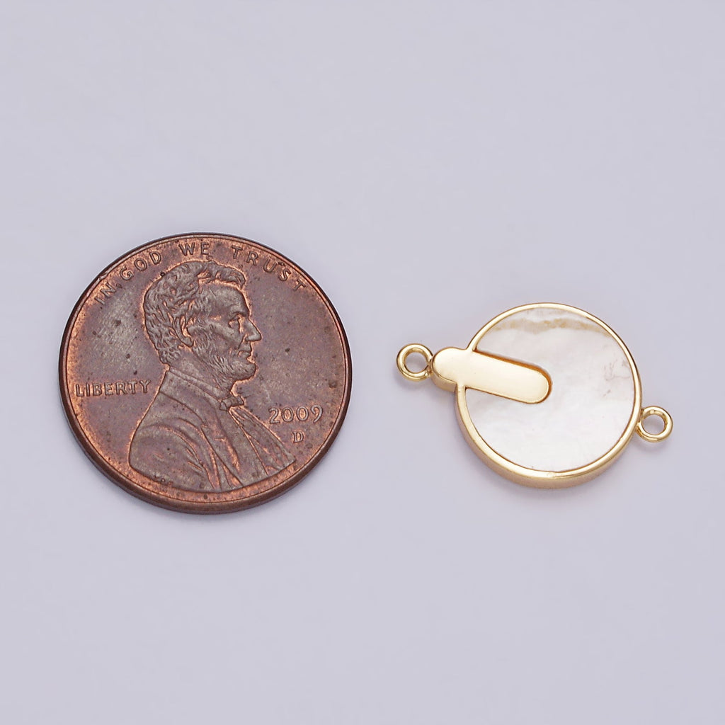 16K Gold plated 12mm Bar Lined Shell Pearl Round Minimalist Bezel Connector | G694 - DLUXCA