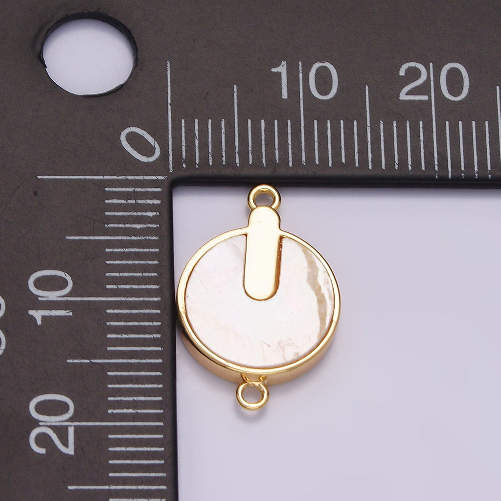 16K Gold plated 12mm Bar Lined Shell Pearl Round Minimalist Bezel Connector | G694 - DLUXCA