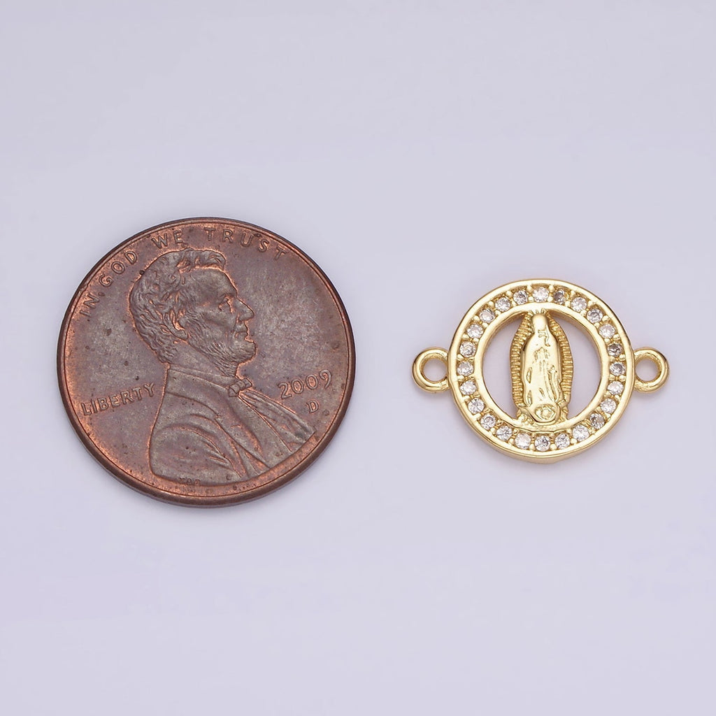 14K Gold plated 12mm Mini Mary Lady Guadalupe Clear CZ Lined Open Round Connector | G722 - DLUXCA
