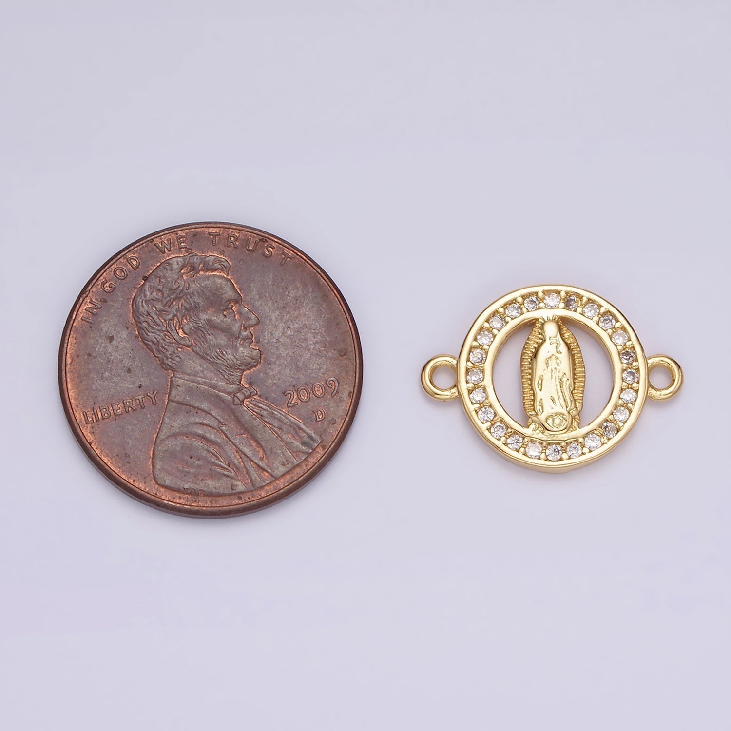 14K Gold plated 12mm Mini Mary Lady Guadalupe Clear CZ Lined Open Round Connector | G722 - DLUXCA