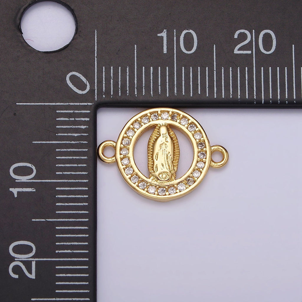 14K Gold plated 12mm Mini Mary Lady Guadalupe Clear CZ Lined Open Round Connector | G722 - DLUXCA