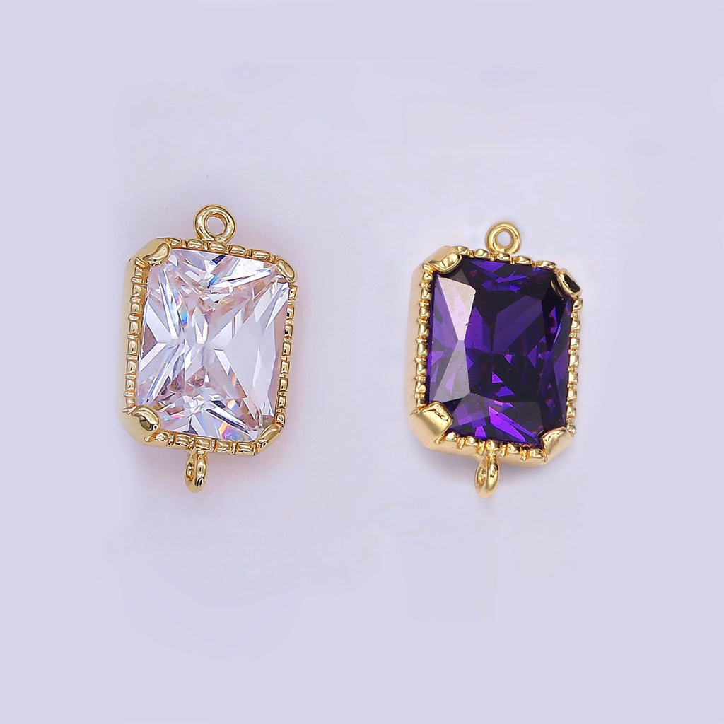 14K Gold plated Clear, Purple CZ Multifaceted Baguette Bezel Connector | G814 G815