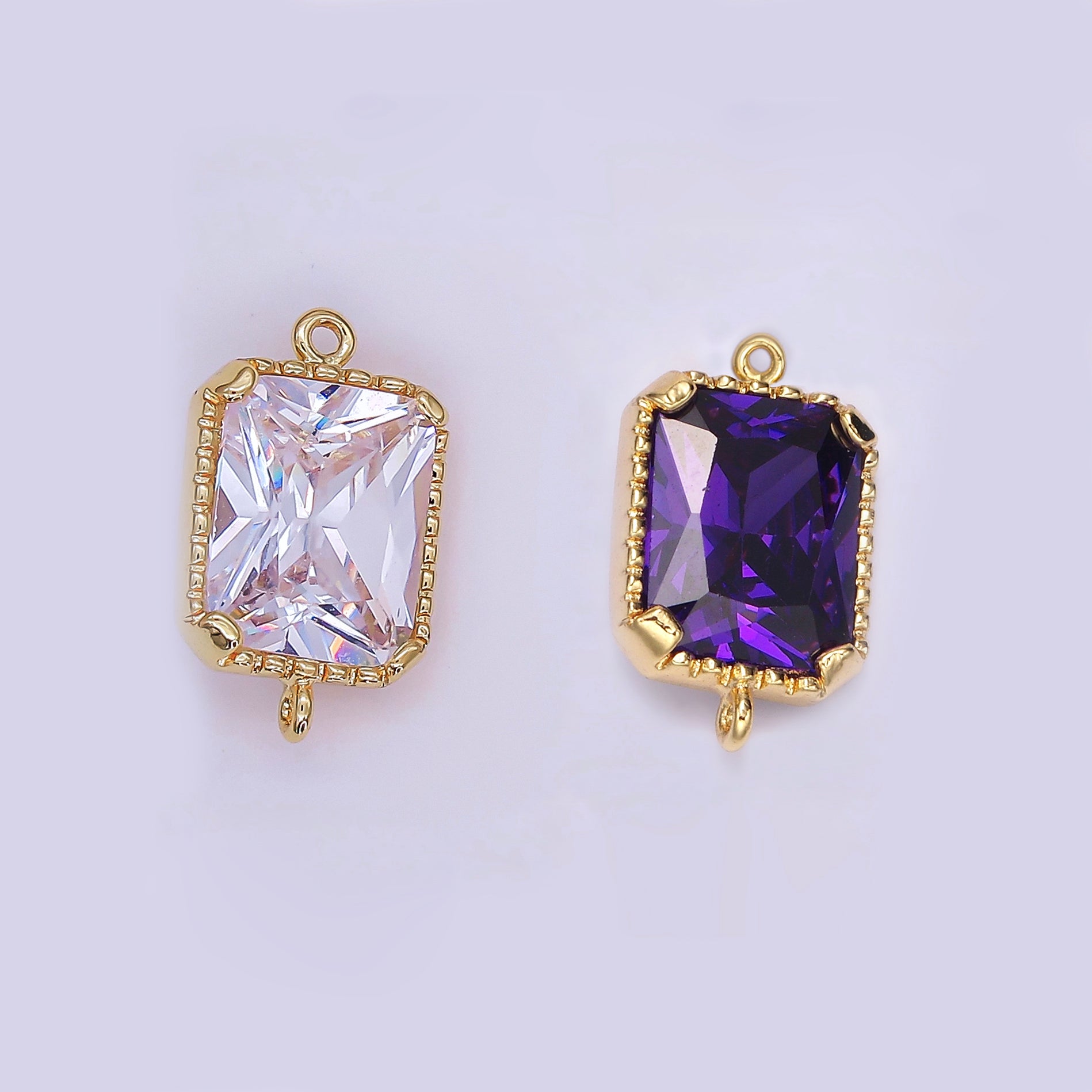 14K Gold plated Clear, Purple CZ Multifaceted Baguette Bezel Connector | G814 G815