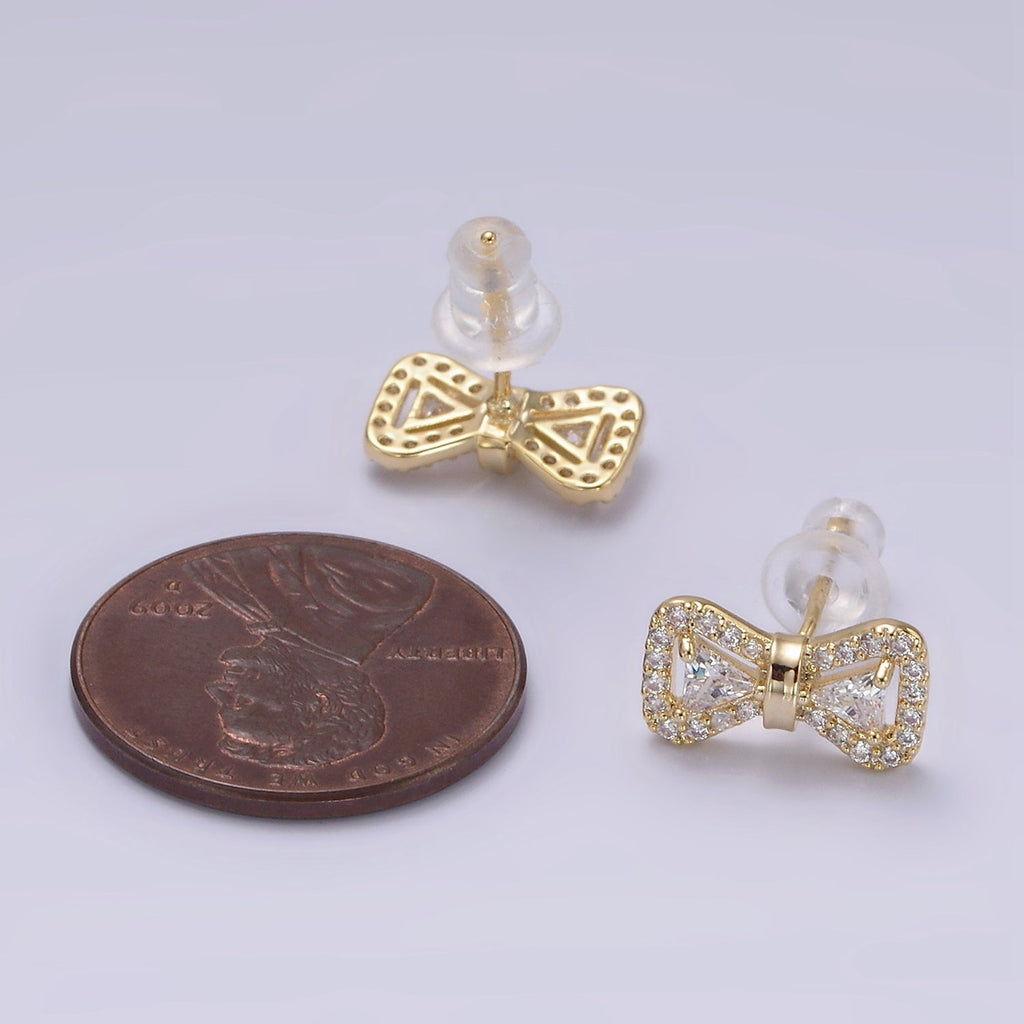 14K Gold plated Bow Ribbon Micro Paved Stud Earrings in Gold & Silver | V267 V268 - DLUXCA