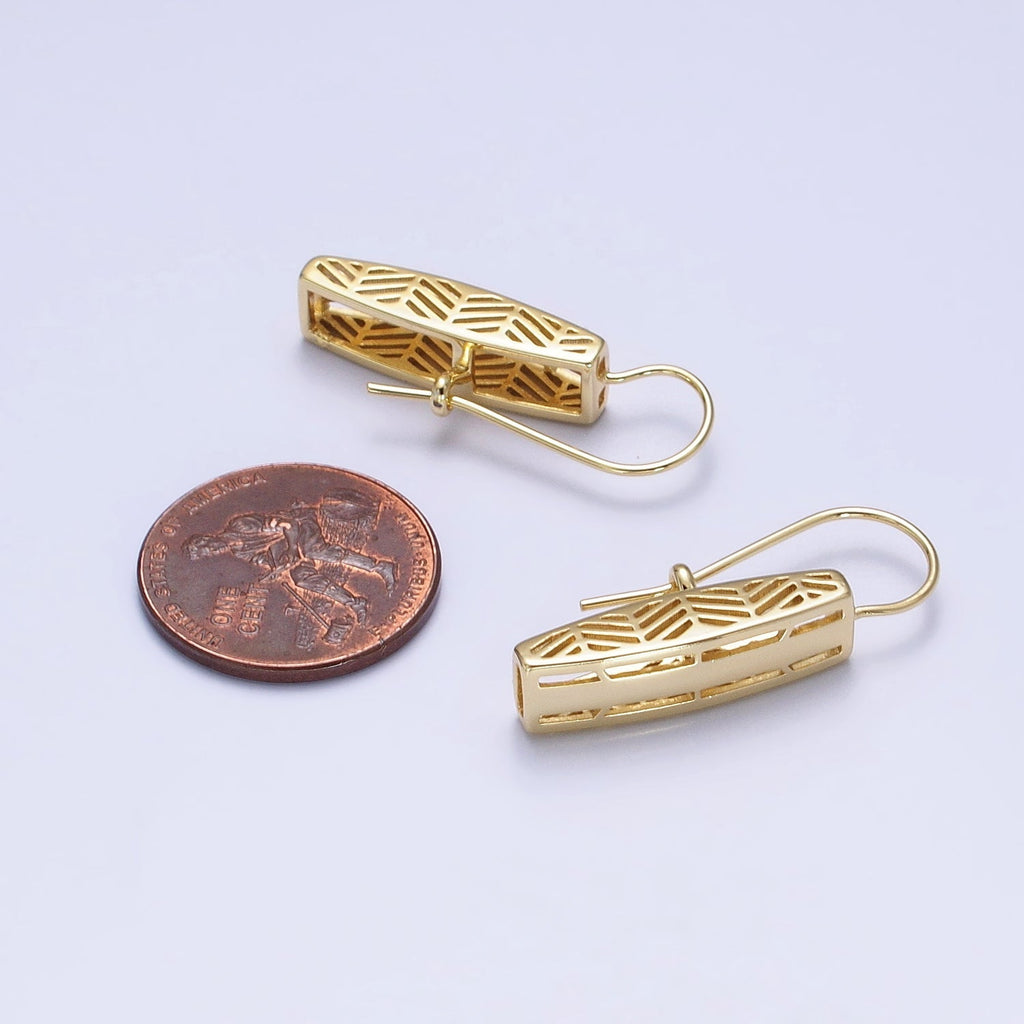 14K Gold plated Open Filigree Bar Rectangular Latch French Hook Earrings Set | AD1471 - DLUXCA