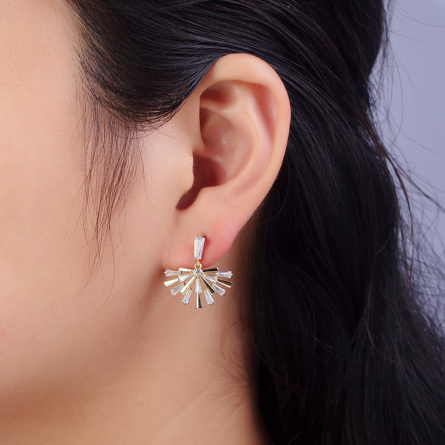 14K Gold plated Baguette Fan Drop Dangle Clear Stud Earrings | AB334 - DLUXCA