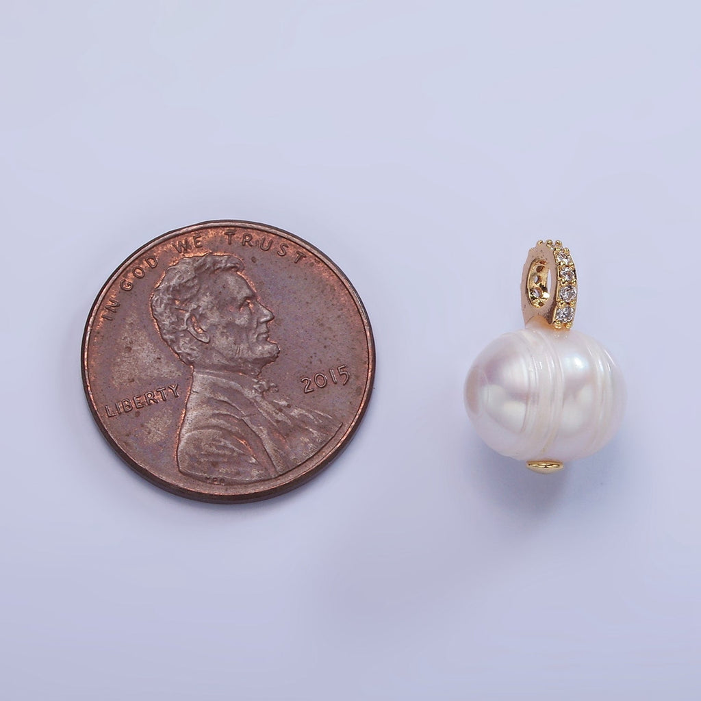 14K Gold plated Ringed Button Freshwater Pearl Micro Paved CZ Bail Drop Pendant | P1708 - DLUXCA