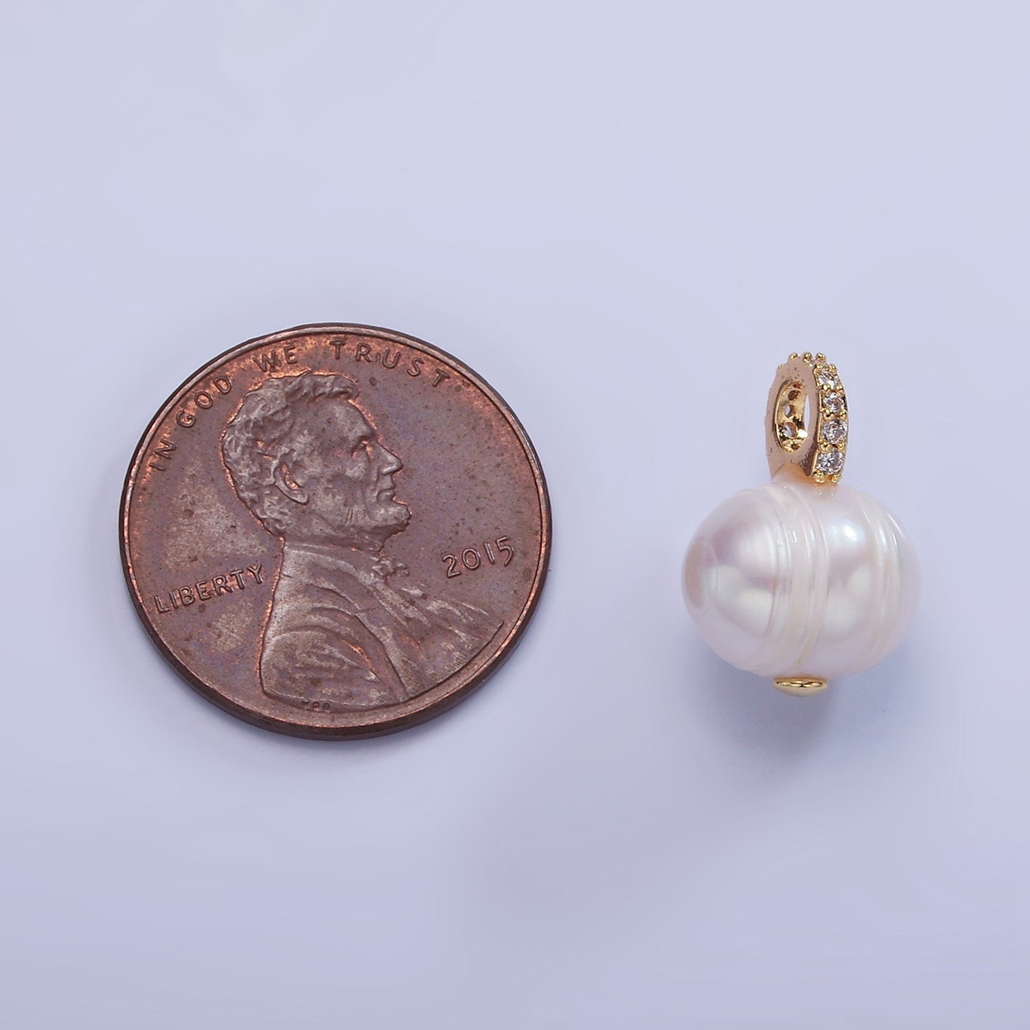 14K Gold plated Ringed Button Freshwater Pearl Micro Paved CZ Bail Drop Pendant | P1708 - DLUXCA