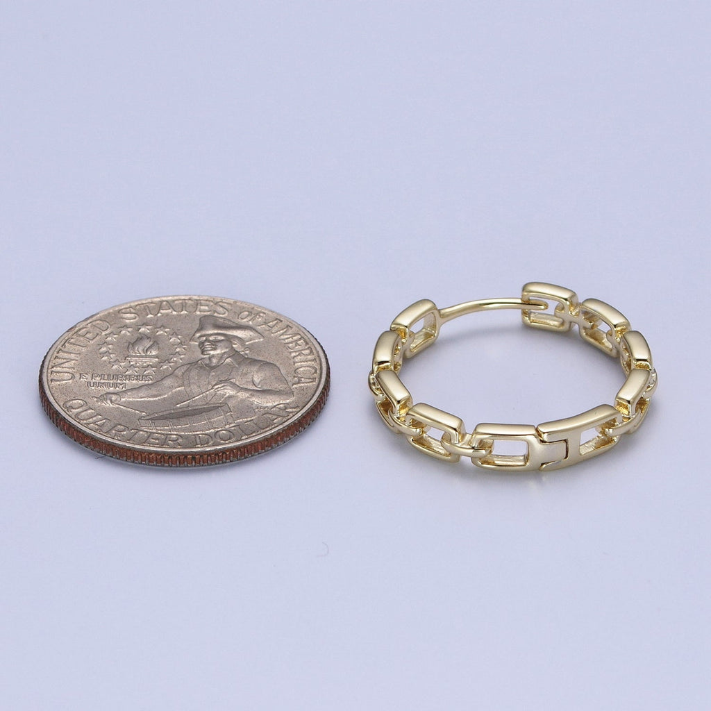 14K Gold plated Boxy Geometric Cable Chain Link Huggie Hoop Earrings | Y013 - DLUXCA