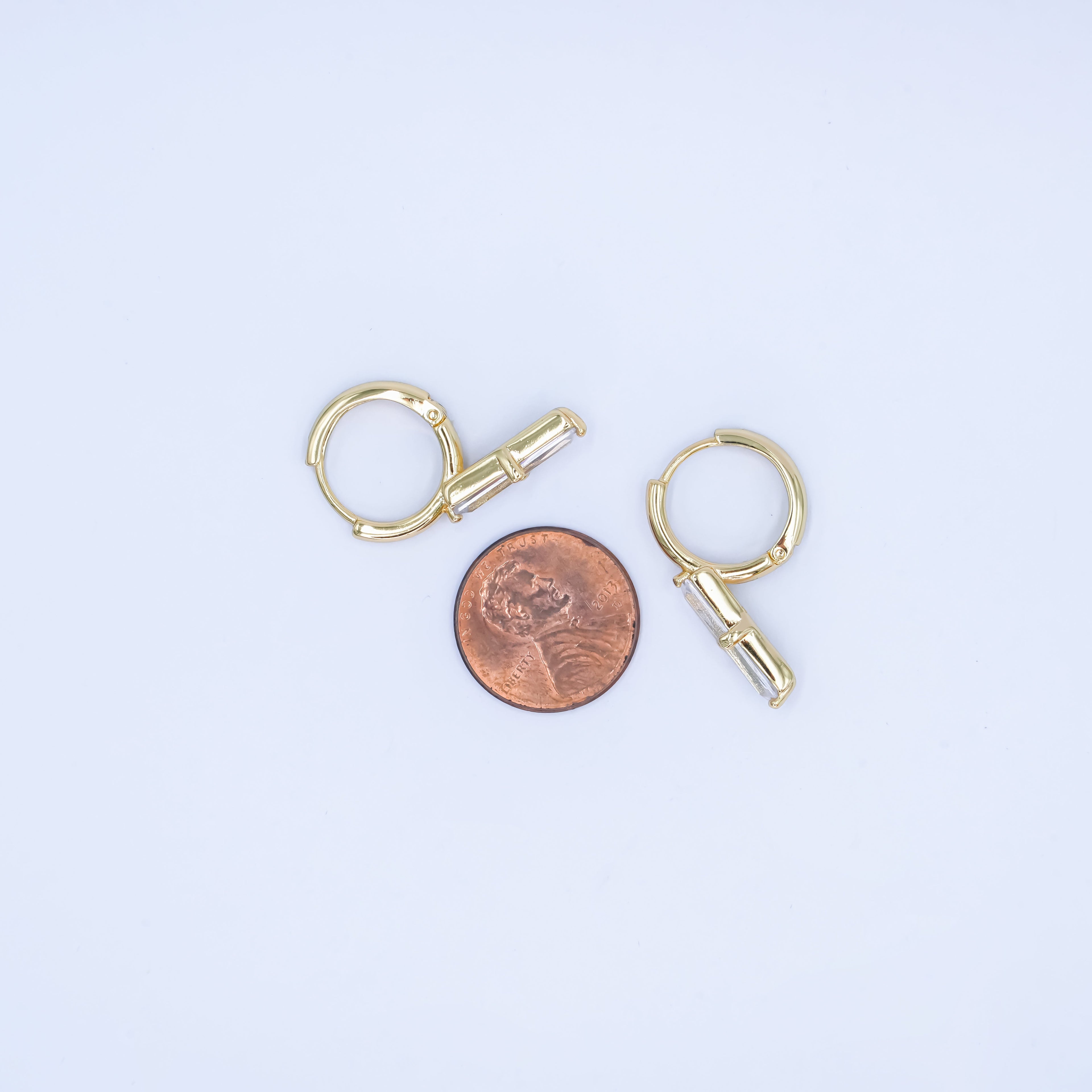 14K Gold plated Baguette CZ Drop Huggie Earrings | AD1189