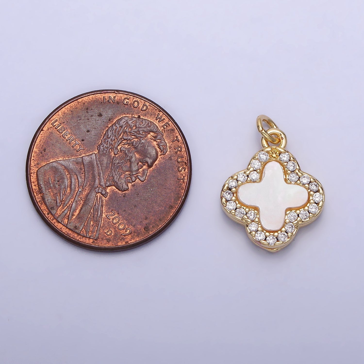 14K Gold plated 10.5mm Clover Quatrefoil Shell Pearl CZ Micro Paved Charm | AC730 - DLUXCA