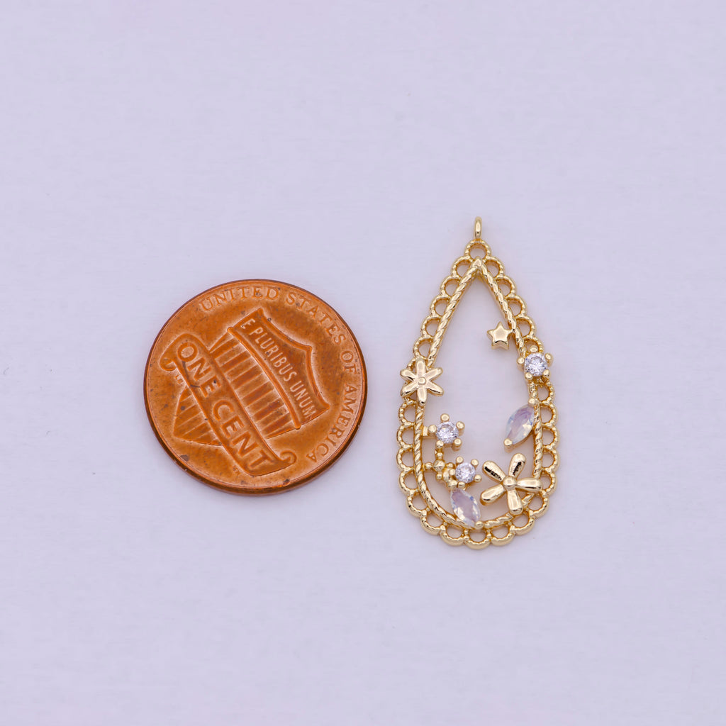 16K Gold plated Open Teardrop Flowers Marquise Charm | C434 - DLUXCA