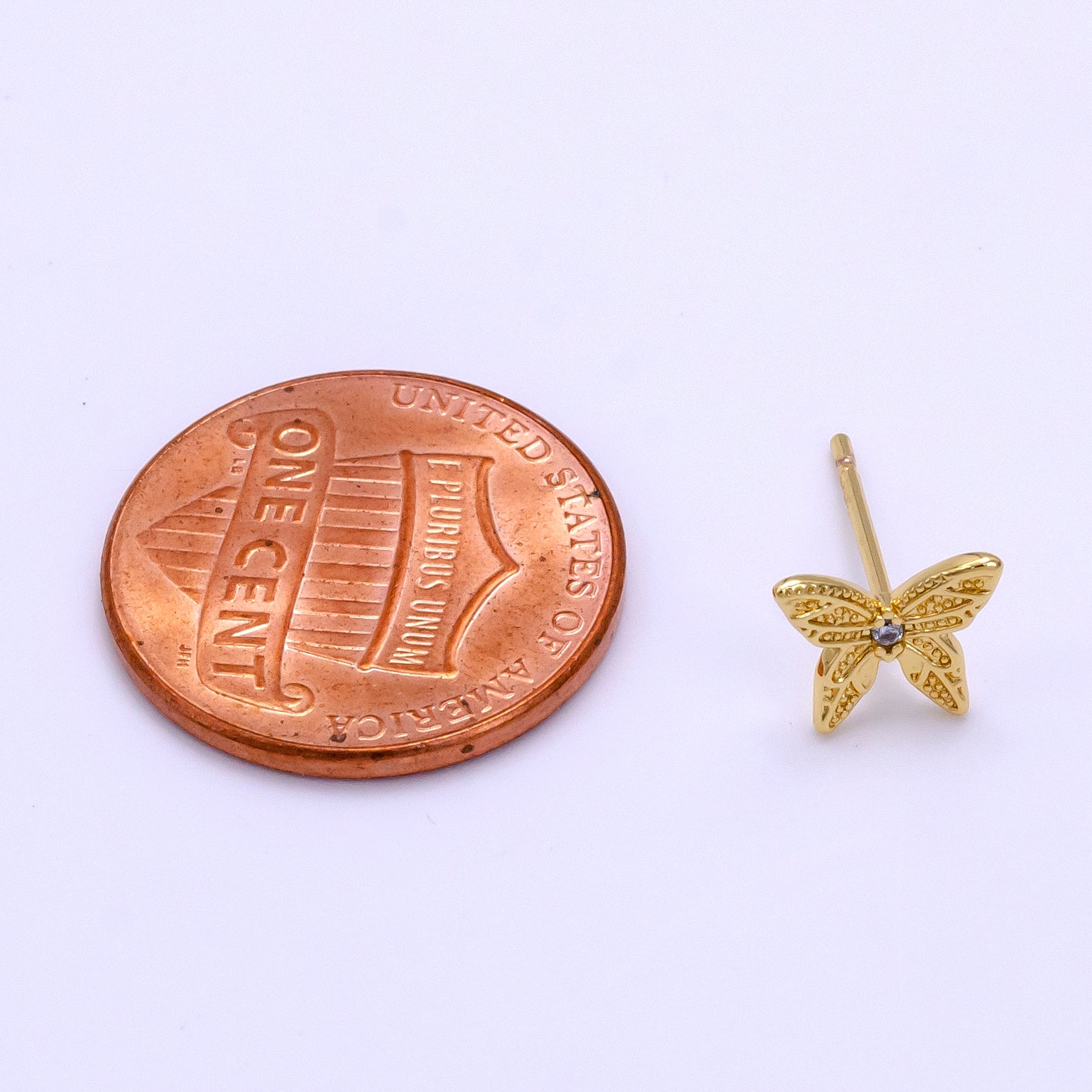 16K Gold plated 8mm Clear CZ Textured Butterfly Mini Stud Earrings | Clearance