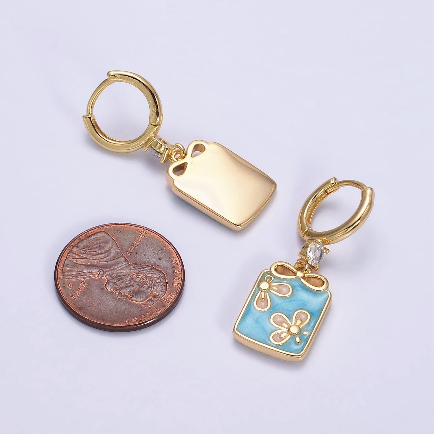 16K Gold plated Pink, White, Blue Sparkly Enamel Ribbon Bow Rectangular CZ Drop Huggie Earrings | AD-387 AD-388 AD-389
