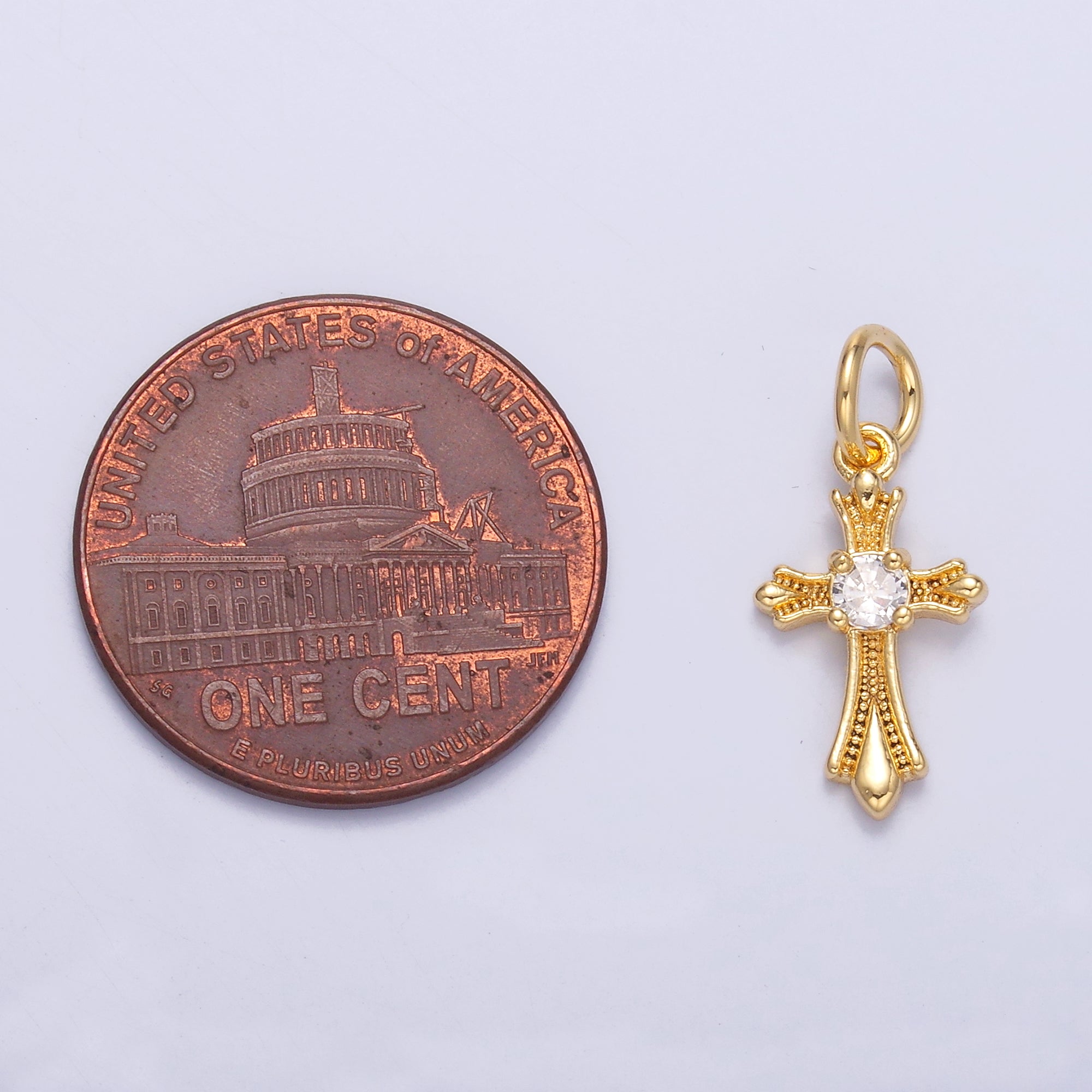 24K Gold plated CZ Fleur Cross Religious Charm in Gold & Silver | N002
