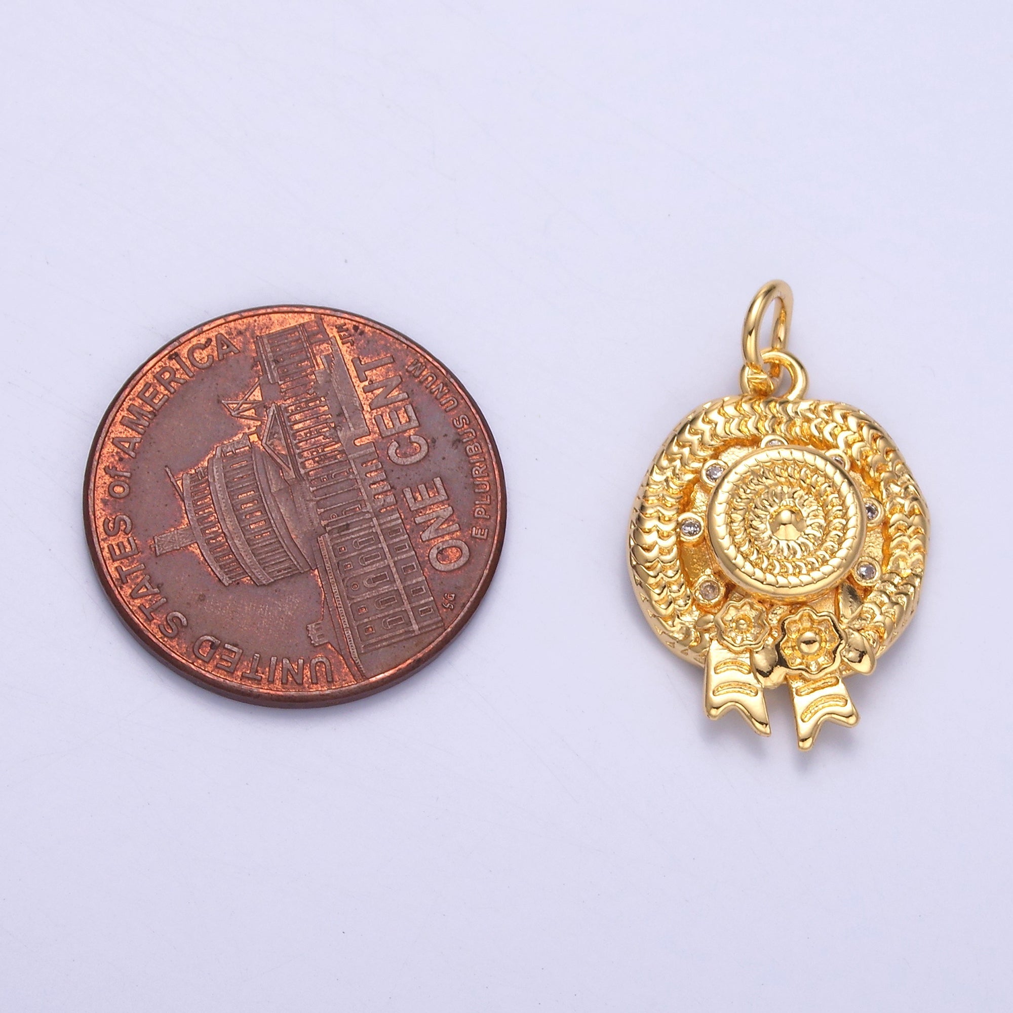 24K Gold plated Clear CZ Flower Woven Beach Hat Charm in Gold & Silver | N015