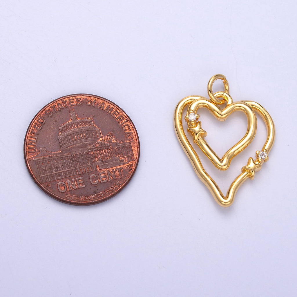 24K Gold plated CZ Star Heart Double Band Charm in Gold & Silver | N016