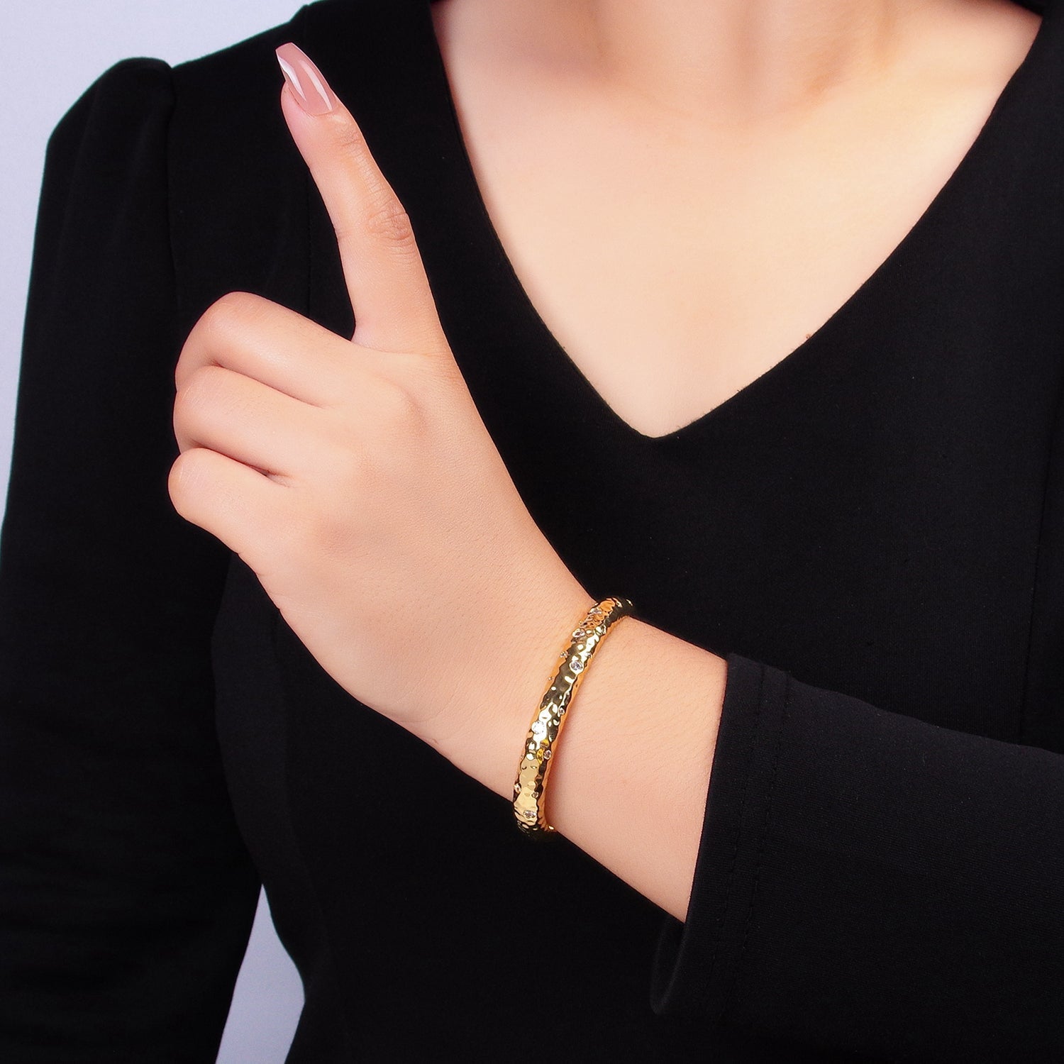 24K Gold plated CZ Dotted Hammered Cuff Bracelet | WA-2659