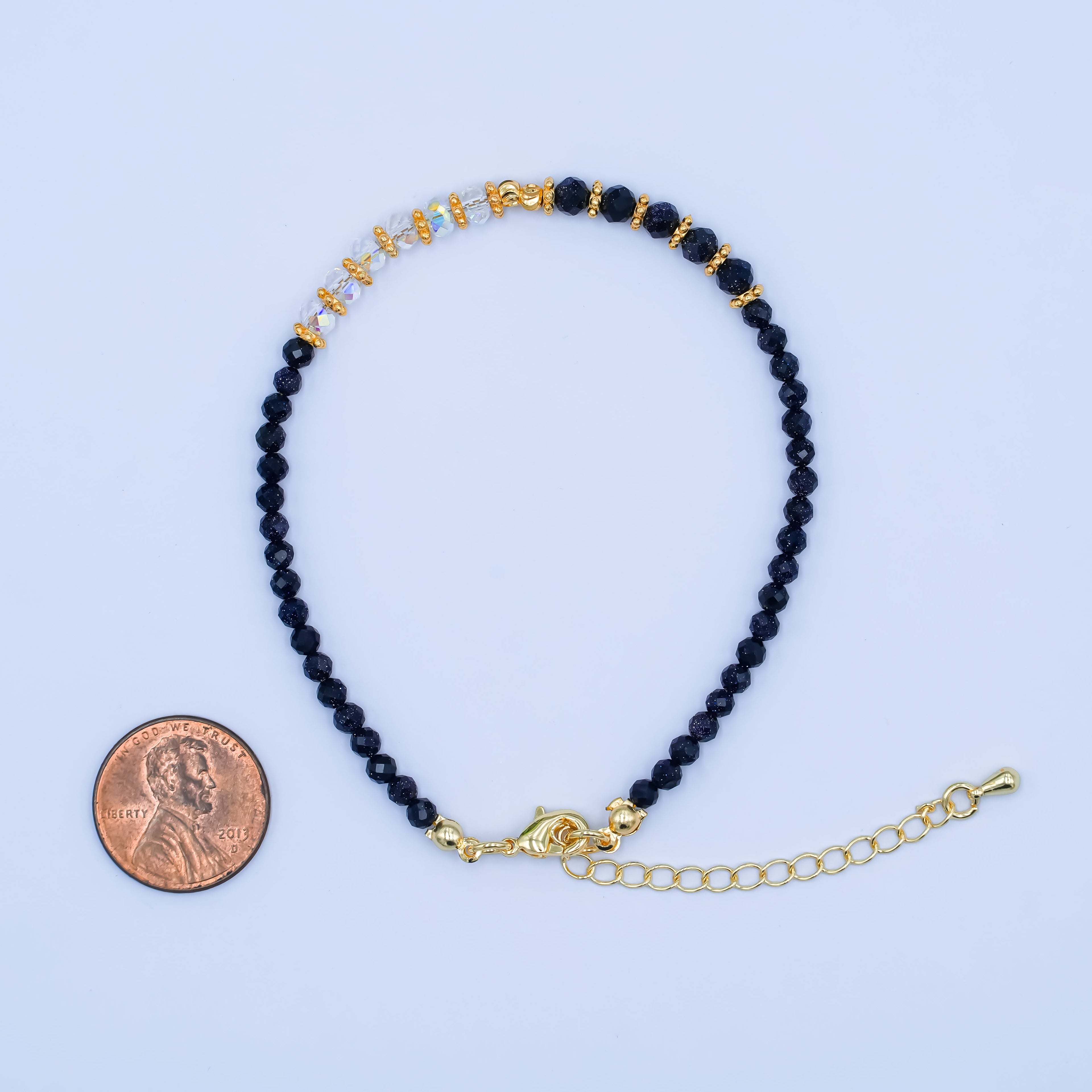 24K Gold plated 4mm AB Blue Black Goldstone Multifaceted Gemstone 7.5 Inch Bracelet | WA-2890