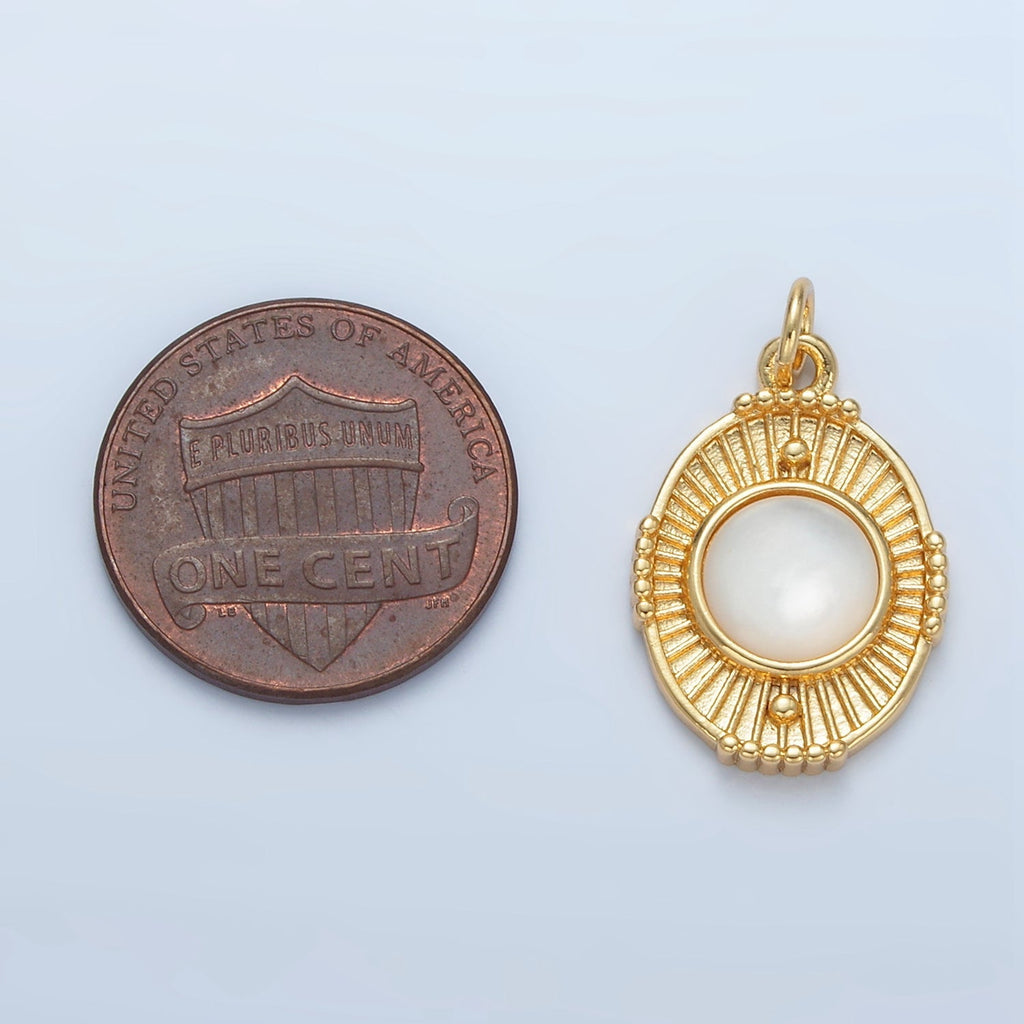 24K Gold plated Shell Pearl, Carnelian Beaded Sunburst Oval Charm | X594