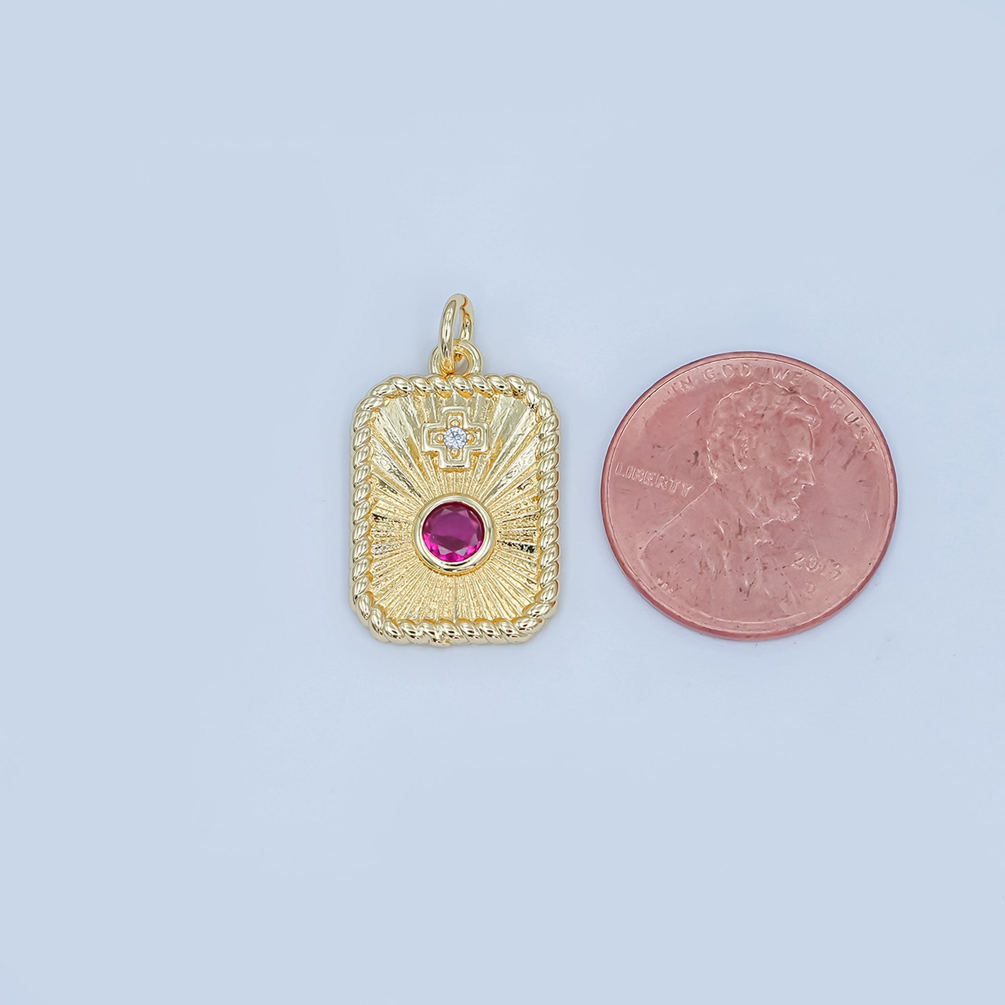 24K Gold plated Cross Red CZ Sunburst Twisted Bezel Charm | M625