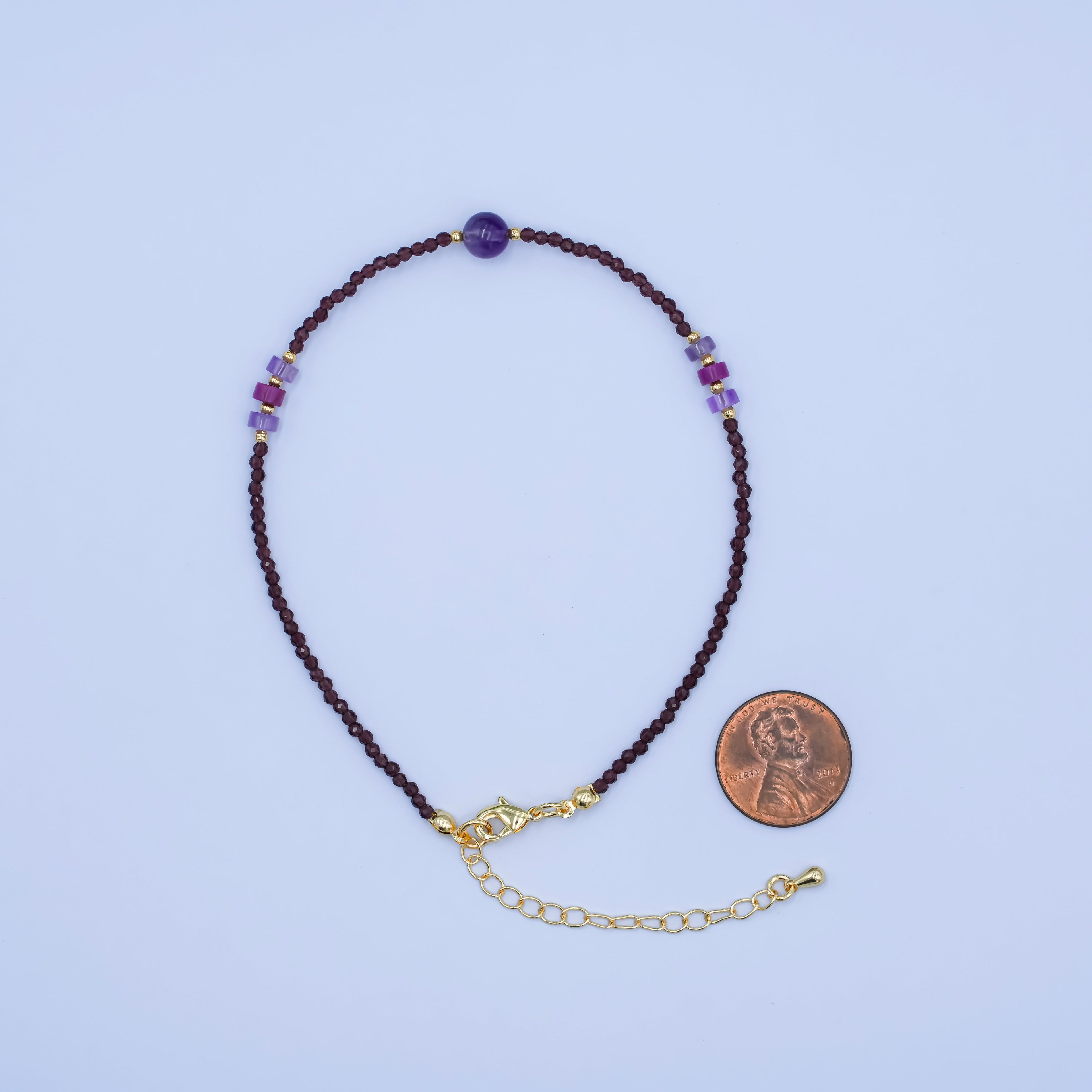 24K Gold plated 2mm Purple Amethyst Multifaceted Gemstone 9 Inch Anklet | WA-2950