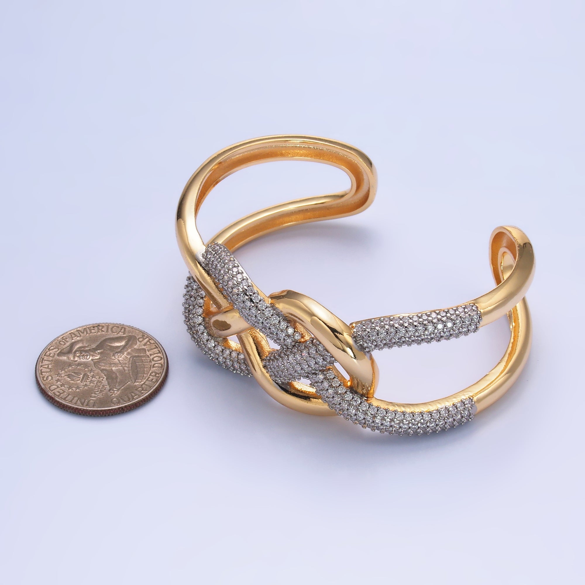 24K Gold plated Micro Paved CZ Mixed Metal Artisan Band Cuff Bracelet | WA-2725