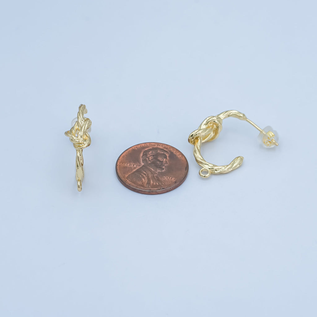 24K Gold plated Knot Foil J-Shaped Hoop Drop Earring Findings | Z1133