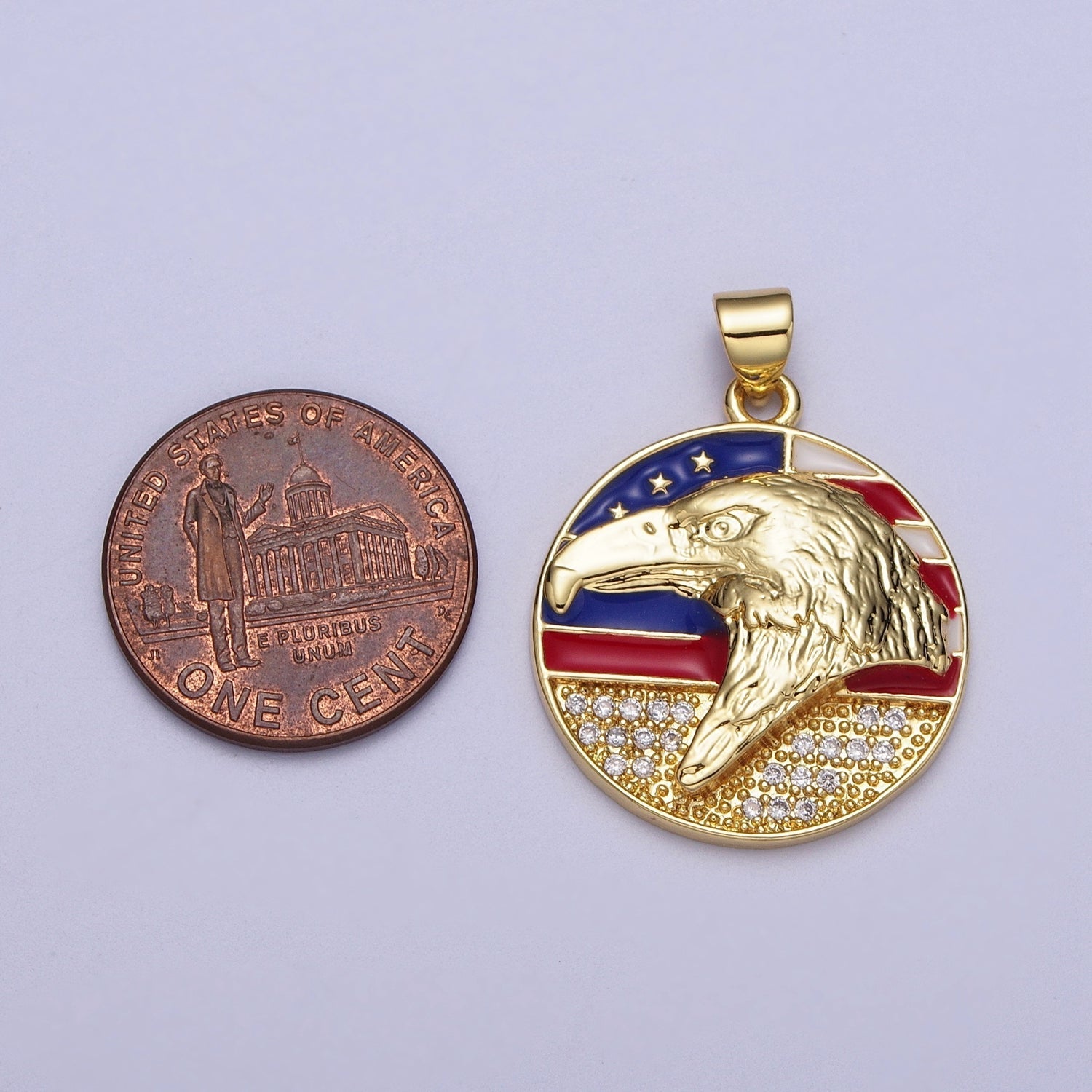 24K Gold plated Micro Paved American Eagle Flag Enamel Round Pendant | I188 - DLUXCA