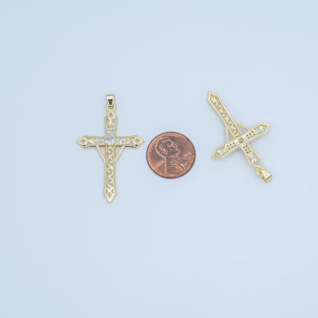 24K Gold plated Clear CZ Micro Paved Geometric Filigree Cross Pendant | AA1505