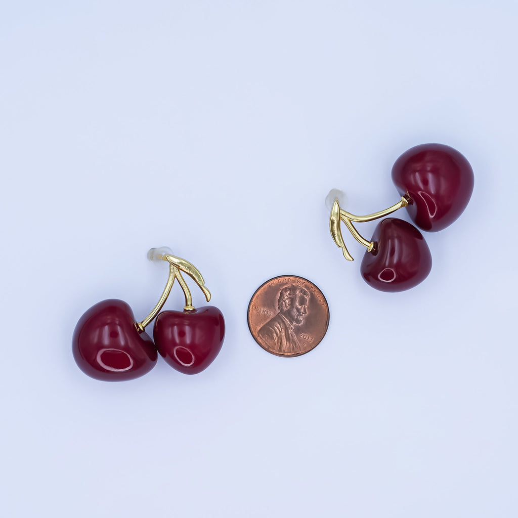 24K Gold plated Spring Red Cherry Drop Stud Earrings | AB422