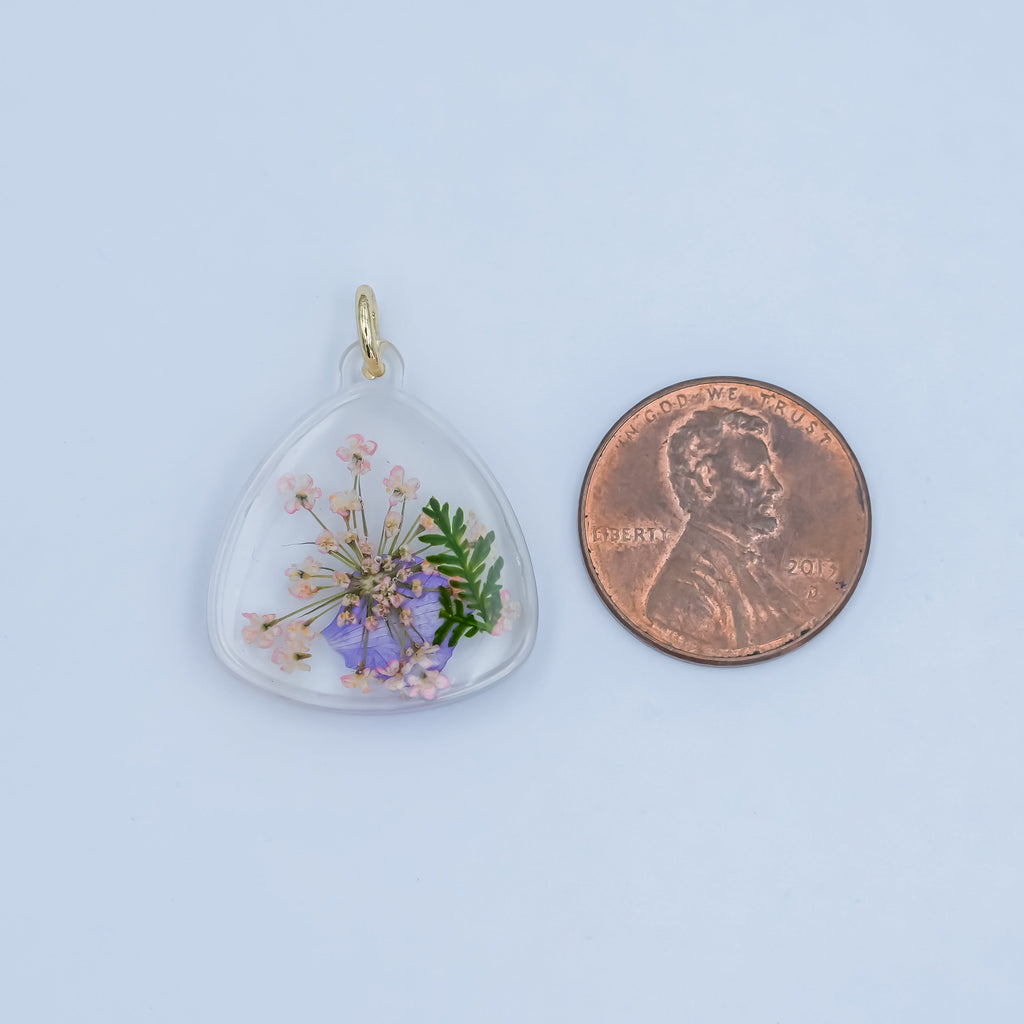 Handmade Pressed Blue Pink Flower Triangle Resin Charm | N060