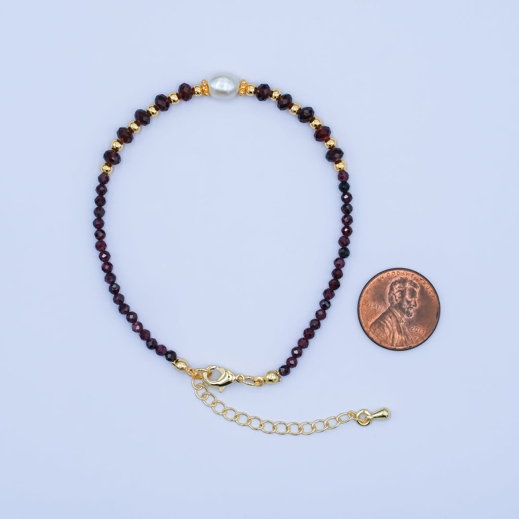 24K Gold plated Shell Pearl Dark Red Multifaceted Gemstone 7.5 Inch Bracelet | WA-2892